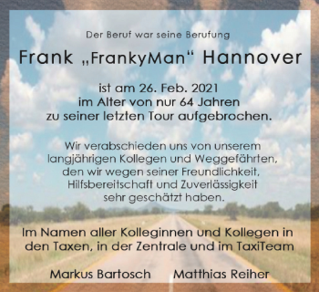 Traueranzeige von Frank Hannover von Braunschweiger Zeitung