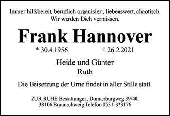 Traueranzeige von Frank Hannover von Braunschweiger Zeitung