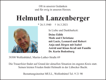 Traueranzeige von Helmuth Lanzenberger von Wolfenbütteler Zeitung