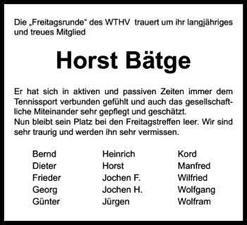 Traueranzeige von Horst Bätge von Wolfenbütteler Zeitung