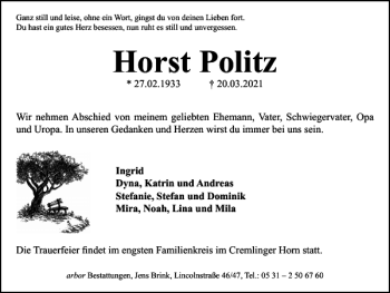 Traueranzeige von Horst Politz von Braunschweiger Zeitung