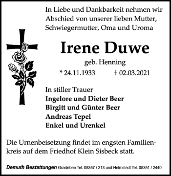 Traueranzeige von Irene Duwe von Helmstedter Nachrichten