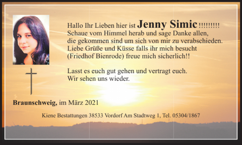  Traueranzeige für Jenny Simic vom 20.03.2021 aus Braunschweiger Zeitung