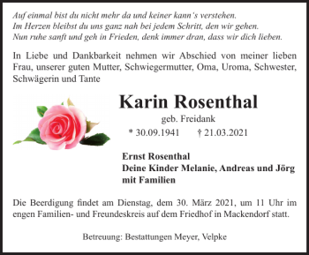 Traueranzeige von Karin Rosenthal von Helmstedter Nachrichten