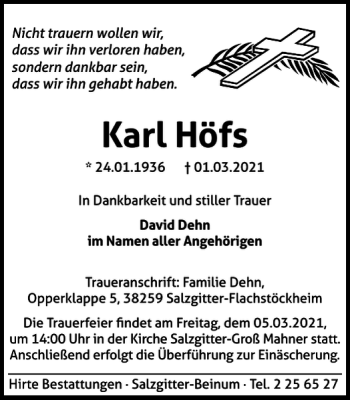 Traueranzeige von Karl Höfs von Salzgitter Zeitung