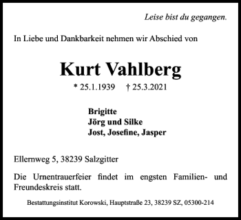 Traueranzeige von Kurt Vahlberg von Salzgitter Zeitung