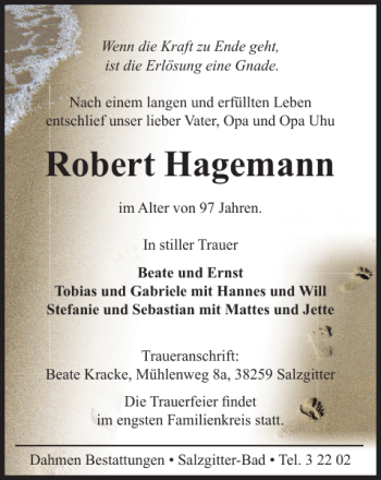 Traueranzeige von Robert Hagemann von Salzgitter Zeitung