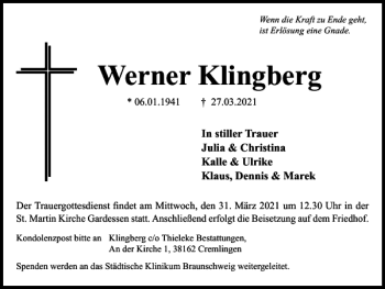Traueranzeige von Werner Klingberg von Braunschweiger Zeitung