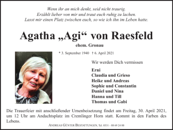 Traueranzeige von Agatha Agi von Raesfeld von Braunschweiger Zeitung