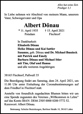 Traueranzeige von Albert Dönau von Wolfsburger Nachrichten