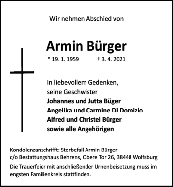 Traueranzeige von Armin Bürger von Helmstedter Nachrichten