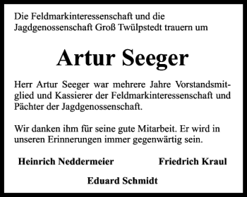 Traueranzeige von Artur Seeger von Helmstedter Nachrichten