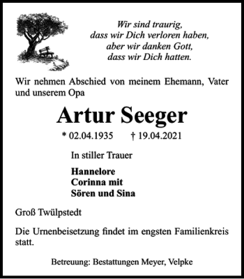 Traueranzeige von Artur Seeger von Wolfsburger Nachrichten