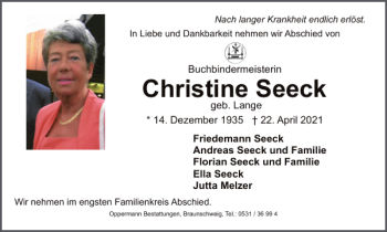 Traueranzeige von Christine Seeck von Braunschweiger Zeitung
