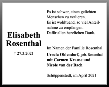 Traueranzeige von Elisabeth Rosenthal von Wolfenbütteler Zeitung
