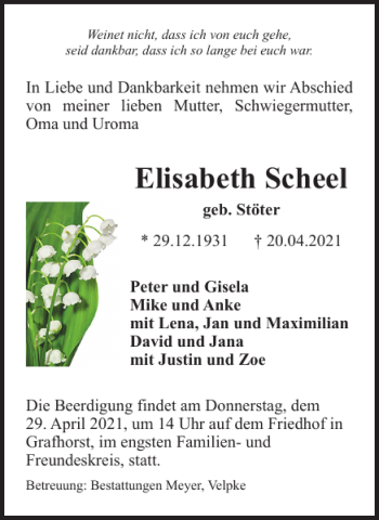 Traueranzeige von Elisabeth Scheel von Helmstedter Nachrichten