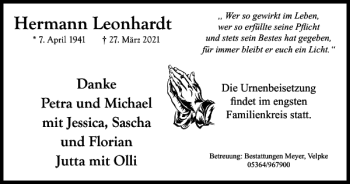 Traueranzeige von Hermann Leonhardt von Helmstedter Nachrichten
