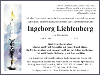 Traueranzeige von Ingeborg Lichtenberg von Helmstedter Nachrichten