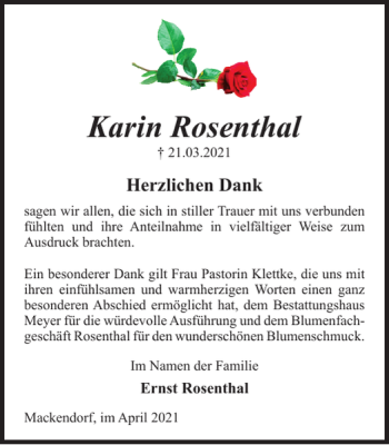 Traueranzeige von Karin Rosenthal von Helmstedter Nachrichten