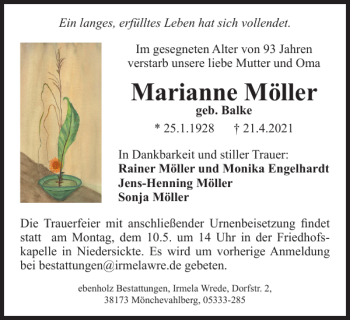 Traueranzeige von Marianne Möller von Wolfenbütteler Zeitung
