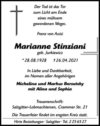 Traueranzeige von Marianne Stinziani von Salzgitter Zeitung