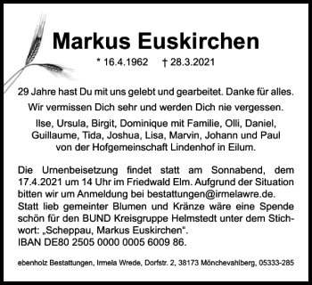 Traueranzeige von Markus Euskirchen von Braunschweiger Zeitung