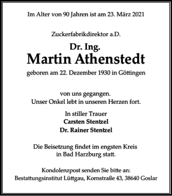 Traueranzeige von Martin Athenstedt von Helmstedter Nachrichten