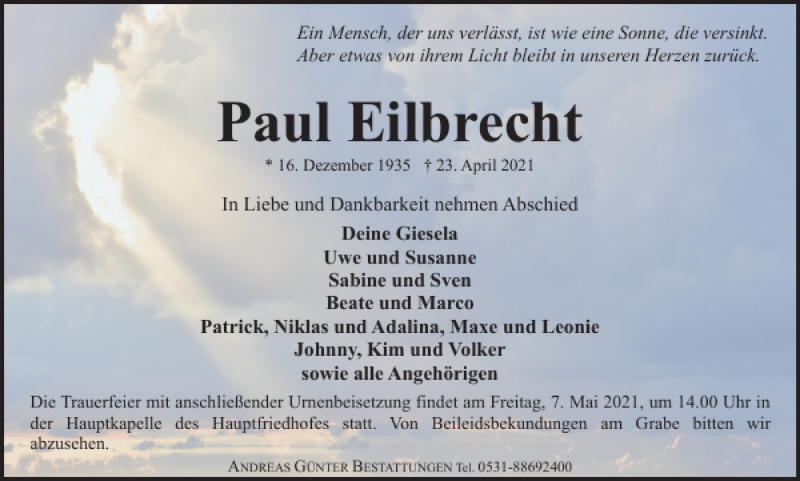  Traueranzeige für Paul Eilbrecht vom 30.04.2021 aus Braunschweiger Zeitung