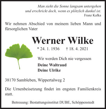 Traueranzeige von Werner Wilke von Wolfenbütteler Zeitung