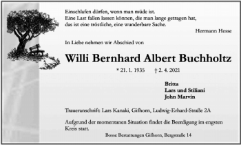 Traueranzeige von Willi Bernhard Albert Buchholtz von Wolfsburger Nachrichten