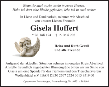 Traueranzeige von Gisela Hoffert von Braunschweiger Zeitung