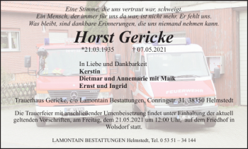 Traueranzeige von Horst Gericke von Helmstedter Nachrichten