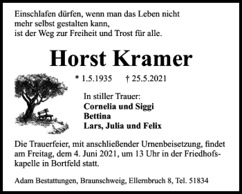 Traueranzeige von Horst Kramer von Braunschweiger Zeitung
