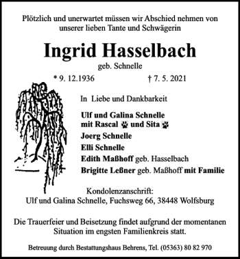 Traueranzeige von Ingrid Hasselbach von Wolfsburger Nachrichten