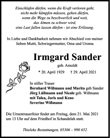 Traueranzeige von Irmgard Sander von Braunschweiger Zeitung