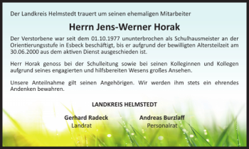 Traueranzeige von Jens-Werner Horak von Helmstedter Nachrichten