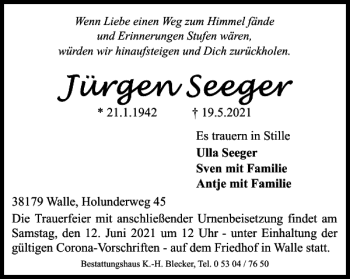 Traueranzeige von Jürgen Seeger von Braunschweiger Zeitung