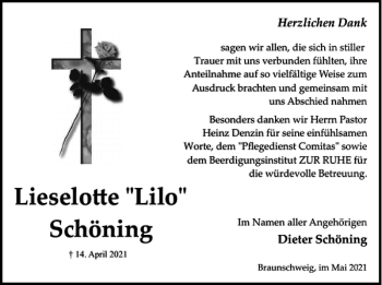 Traueranzeige von Lieselotte Lilo Schöning von Braunschweiger Zeitung