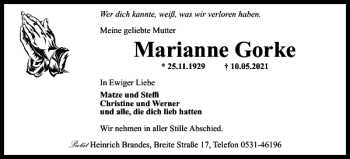 Traueranzeige von Marianne Gorke von Braunschweiger Zeitung