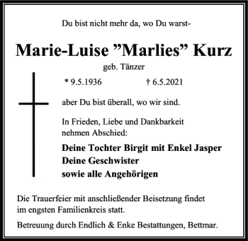 Traueranzeige von Marie-Luise Marlies Kurz von Peiner Nachrichten