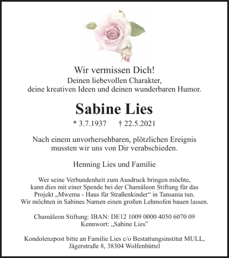  Traueranzeige für Sabine Lies vom 29.05.2021 aus Braunschweiger Zeitung