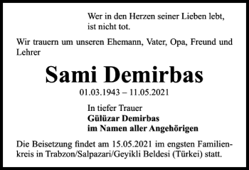 Traueranzeige von Sami Demirbas von Braunschweiger Zeitung