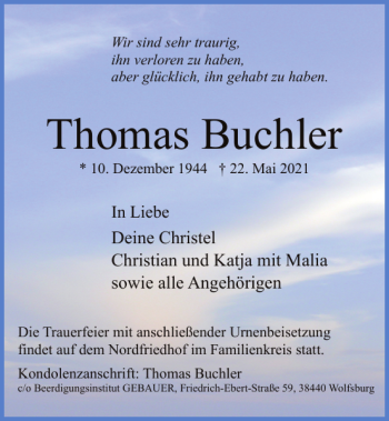 Traueranzeige von Thomas Buchler von Wolfsburger Nachrichten