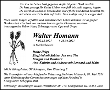 Traueranzeige von Walter Homann von Helmstedter Nachrichten