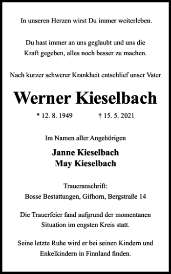 Traueranzeige von Werner Kieselbach von Wolfsburger Nachrichten