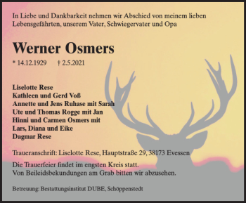 Traueranzeige von Werner Osmers von Wolfenbütteler Zeitung
