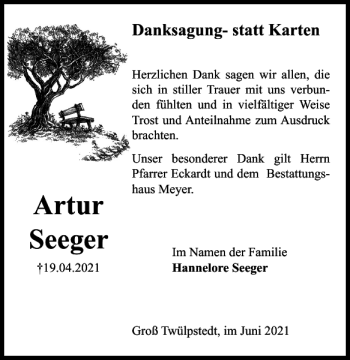 Traueranzeige von Artur Seeger von Helmstedter Nachrichten