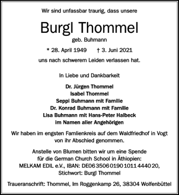 Traueranzeige von Burgl Thommel von Braunschweiger Zeitung