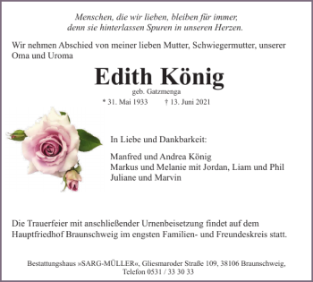 Traueranzeige von Edith König von Braunschweiger Zeitung