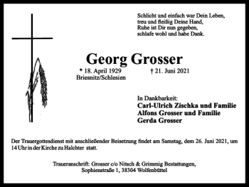 Traueranzeige von Georg Grosser von Wolfenbütteler Zeitung
